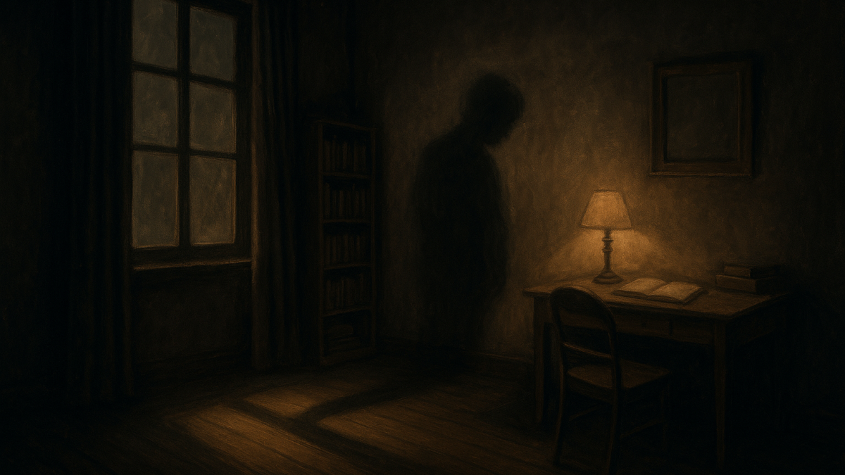 Una sombra contemplando un libro abierto